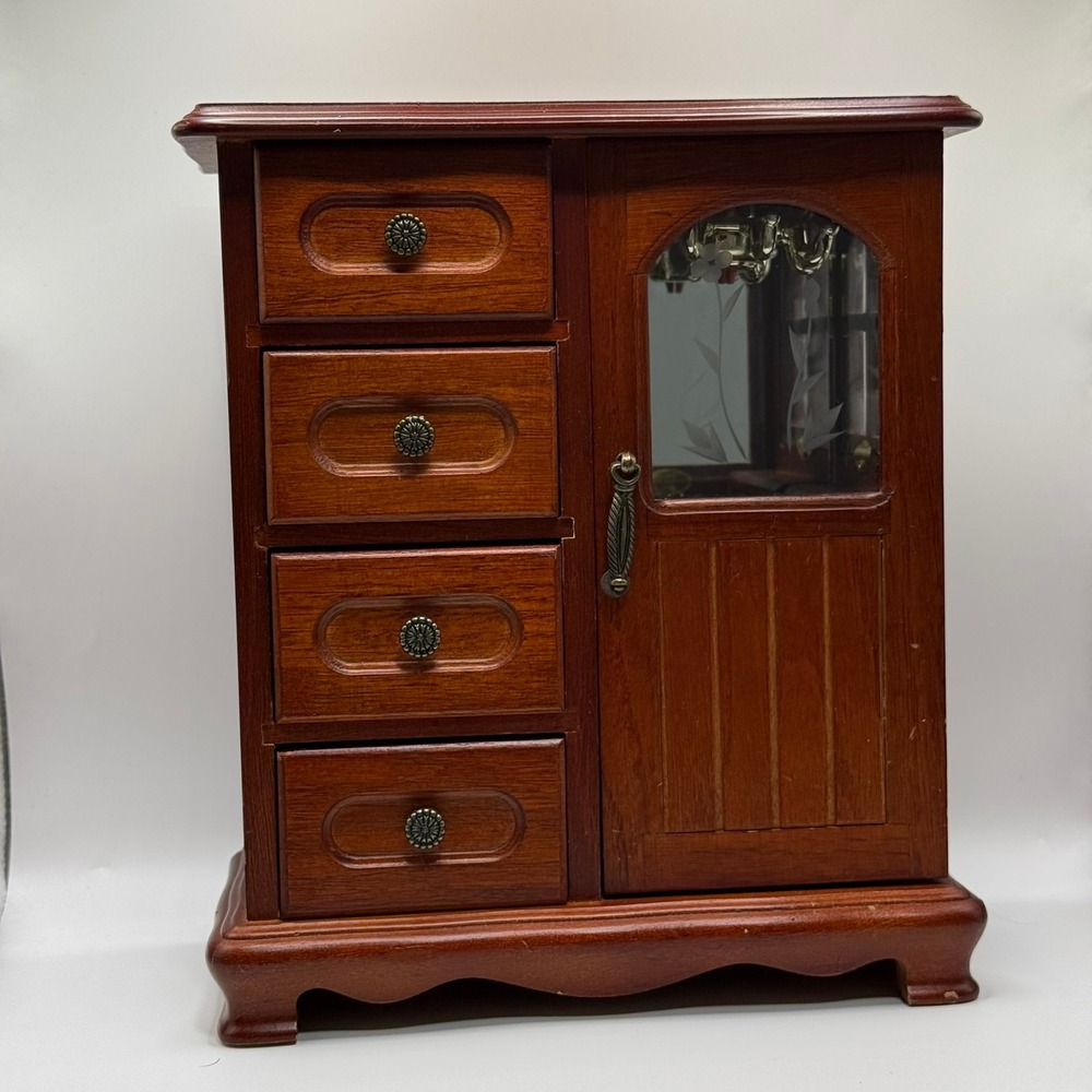 Vintage Wooden Jewelry Armoire Tabletop Chest 4 Drawers Etched Glass Carousel